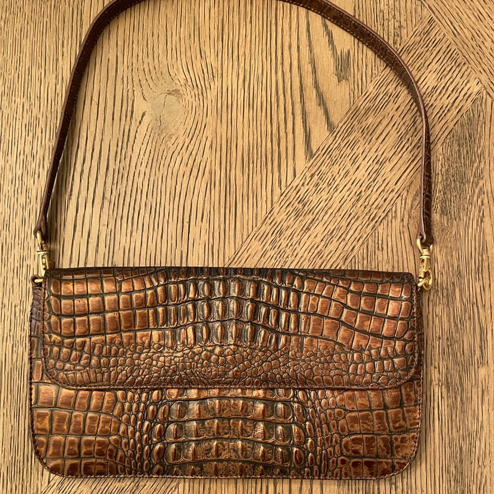 Bronzed crocodile embossed shoulder bag